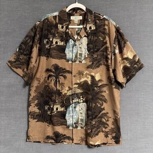 Tommy Bahama Shirt Medium Brown Silk Hawaiian Camp Elephant Hula Tropical